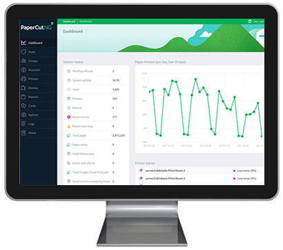 Dashboard Computer Monitor, Papercut MF, Excel Business Systems, Delaware, DE, Pennsylvania, PA