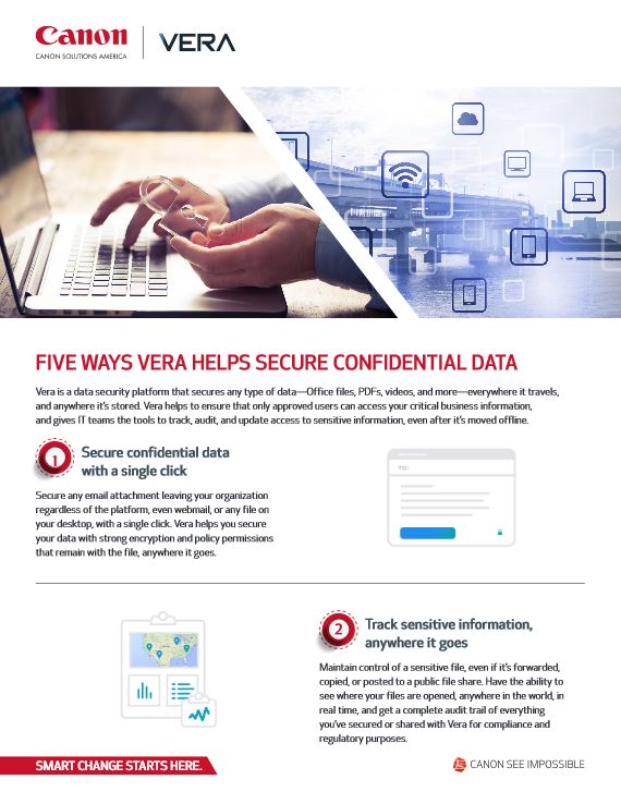 Vera Flyer 5 Ways Vera Helps Secure Confidential Data Cover, Canon Excel Business Systems, Delaware, DE, Pennsylvania, PA