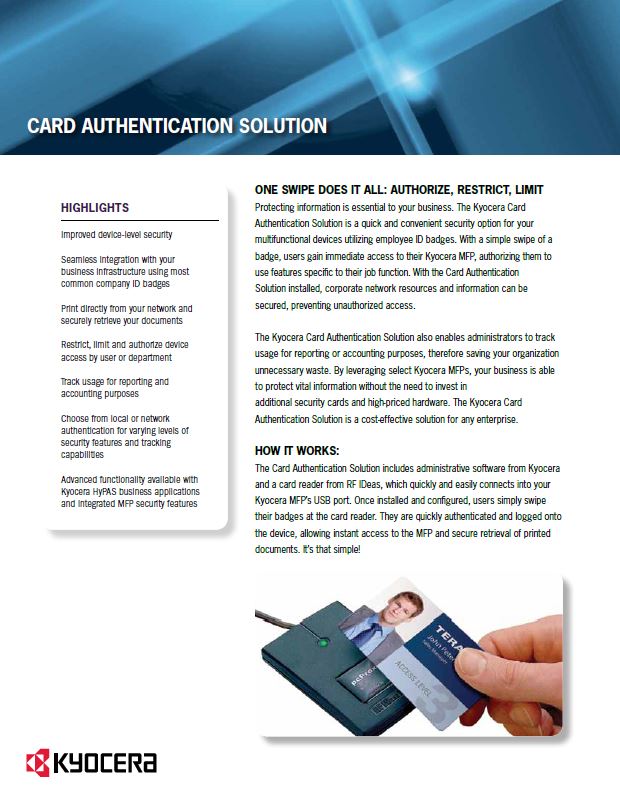 Kyocera Software Cost Control And Security Card Authentication Data Sheet Thumb, Excel Business Systems, Delaware, DE, Pennsylvania, PA