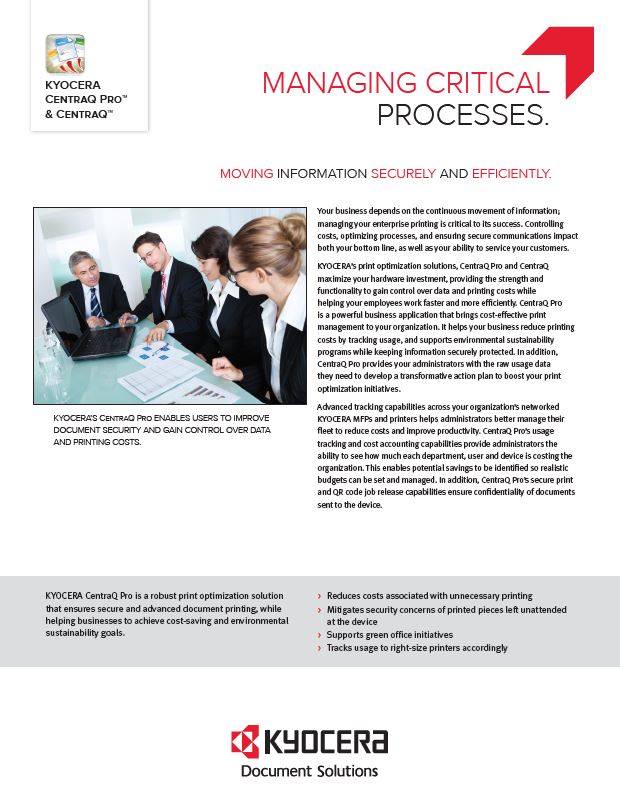 Kyocera Software Cost Control And Security Centraq Pro Data Sheet Thumb, Excel Business Systems, Delaware, DE, Pennsylvania, PA