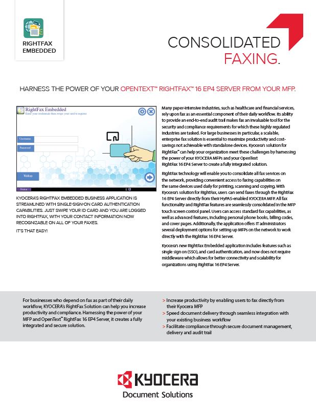 Kyocera Software Document Management Kyocera Rightfax Embedded Data Sheet Thumb, Excel Business Systems, Delaware, DE, Pennsylvania, PA