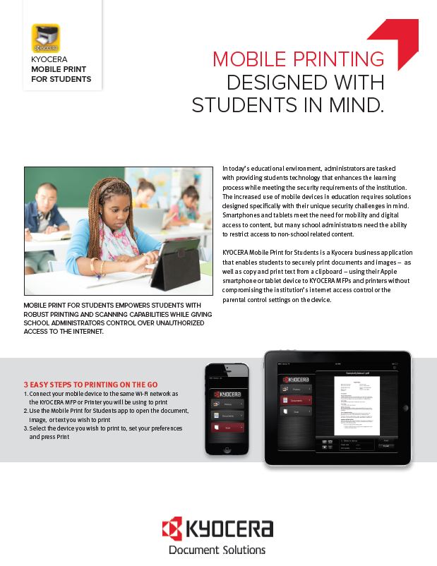 Kyocera Software Mobile And Cloud Kyocera Mobile Print For Students Data Sheet Thumb, Excel Business Systems, Delaware, DE, Pennsylvania, PA