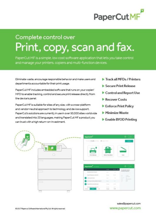Fact Sheet Cover, Papercut MF, Excel Business Systems, Delaware, DE, Pennsylvania, PA