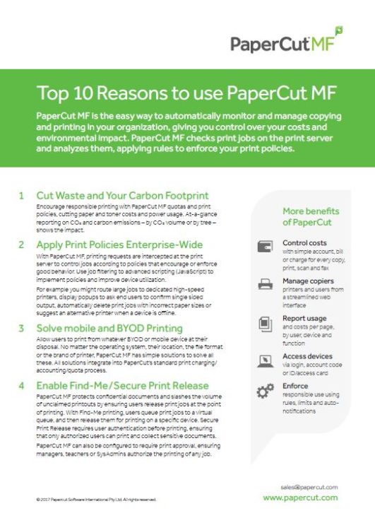 Top 10 Reasons, Papercut MF, Excel Business Systems, Delaware, DE, Pennsylvania, PA